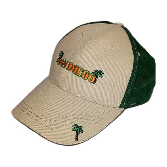 Rare San Diego Tan Adjustable Hat Beige Baseball Cap Green Palm Trees Khaki - Picture 13 of 16
